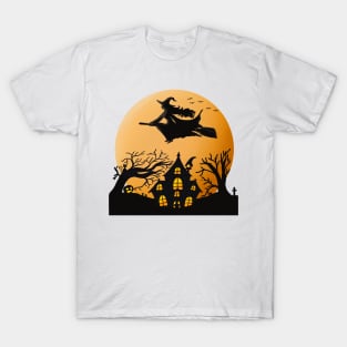 Flying Witch Moon Orange Haunted House Halloween Present & Gift T-Shirt